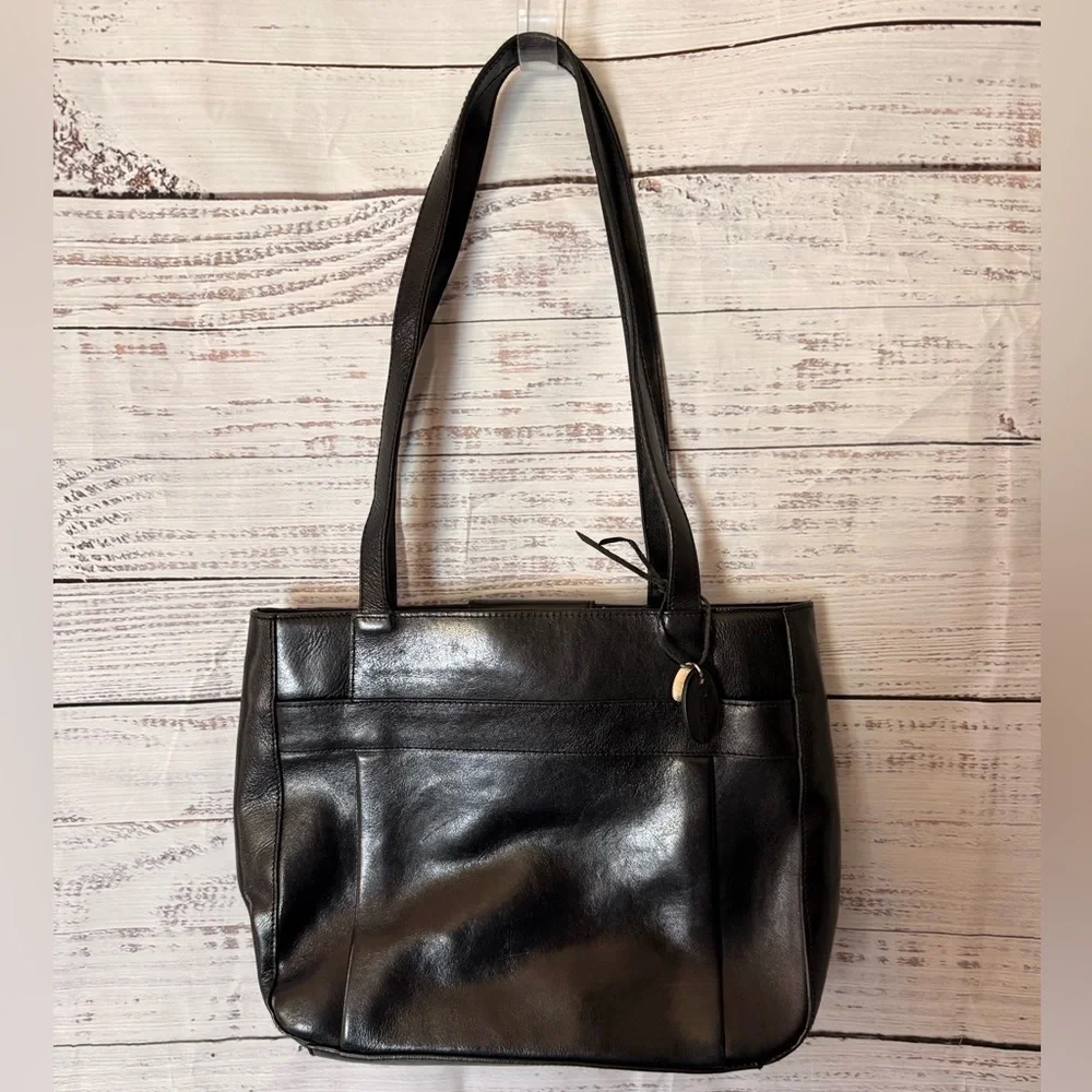 Rolf’s Black Leather Tote Bag Double Handle Outside Pocket Magnetic Snap Closure